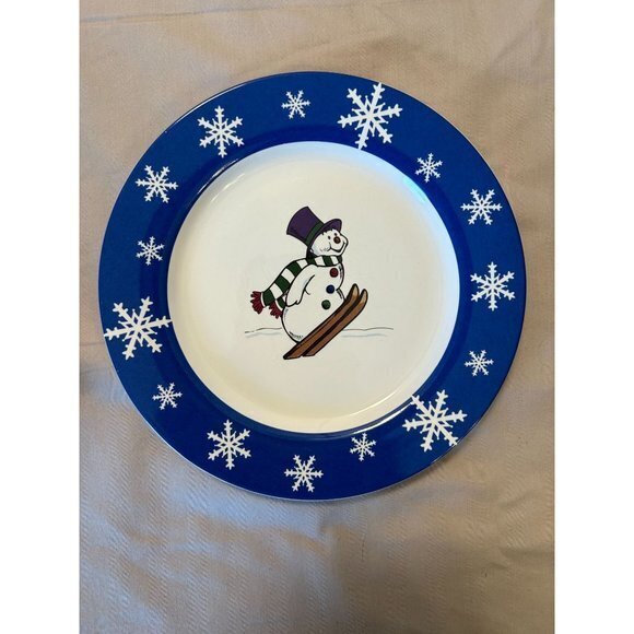 Frosty Snowman Skating‎ Sledding Blue Snowflake Dinner Dessert Plates - Set of 4 - Picture 5 of 6